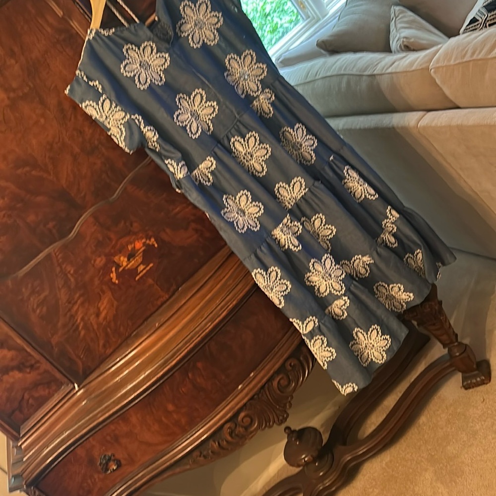 ADORA Denim Blue Dress with Cream Embroidery